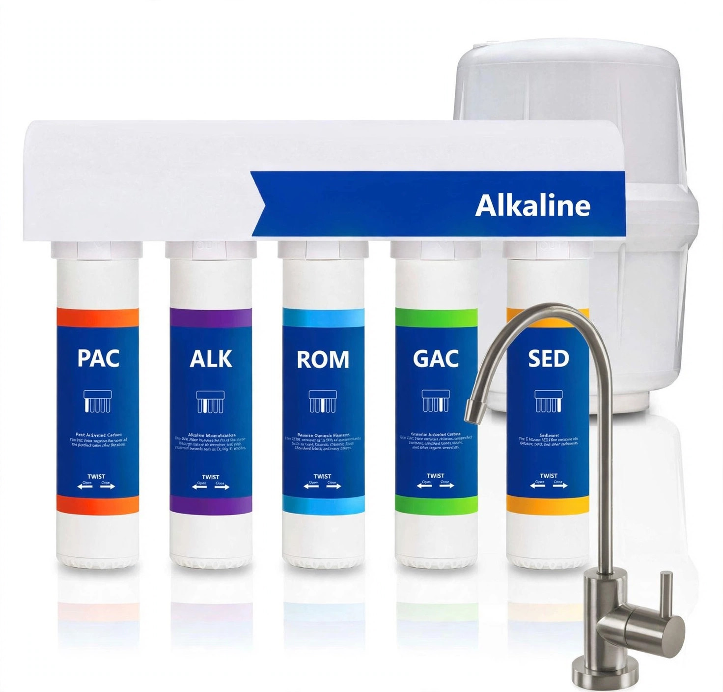 Alkaline reverse osmosis system with five filter stages, storage tank and drinking-water faucet